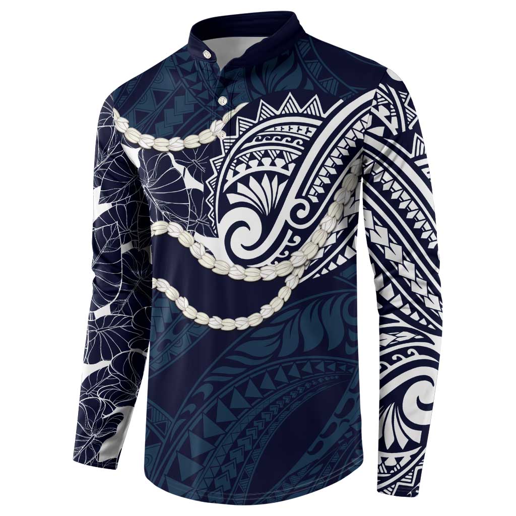 Aloha Hawaii Kalo Pikake Lei Button Sweatshirt Chest Tattoo Oxford Blue Hawaiian Pattern