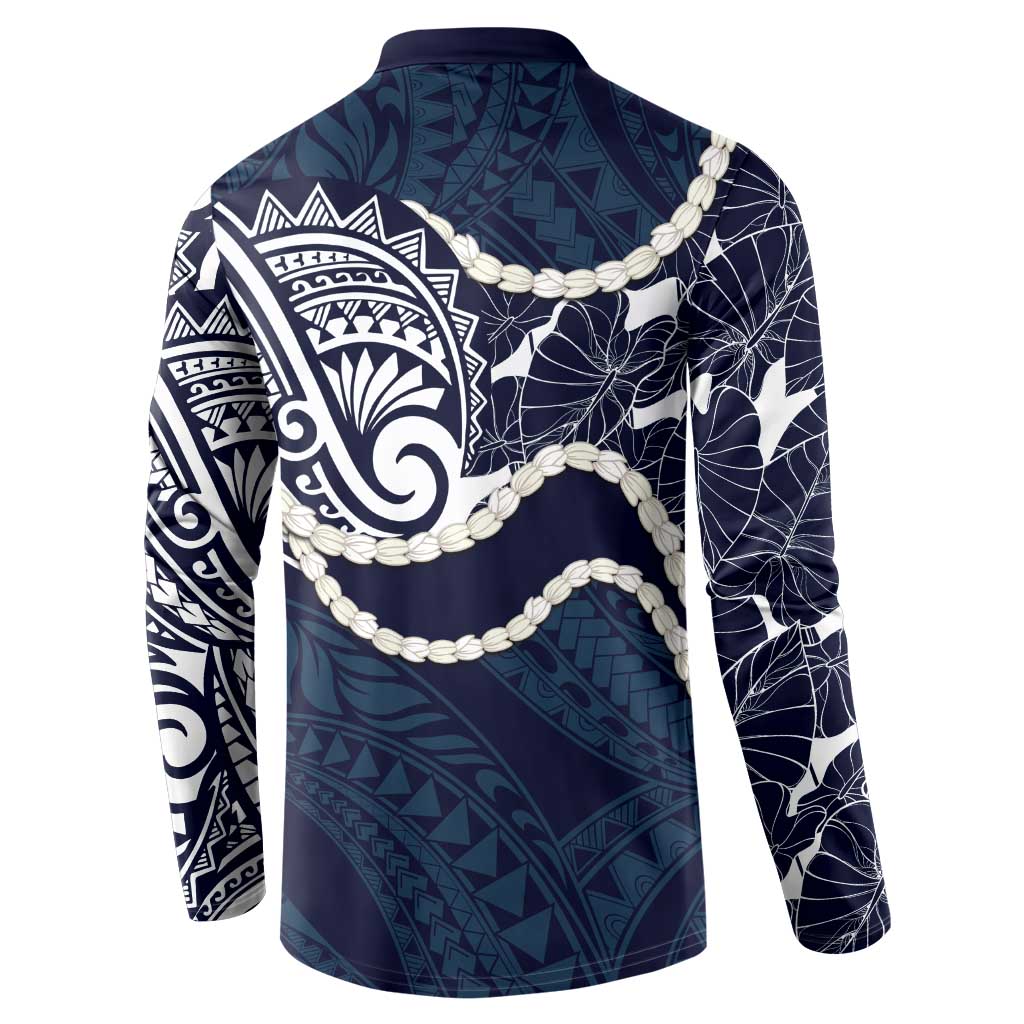 Aloha Hawaii Kalo Pikake Lei Button Sweatshirt Chest Tattoo Oxford Blue Hawaiian Pattern