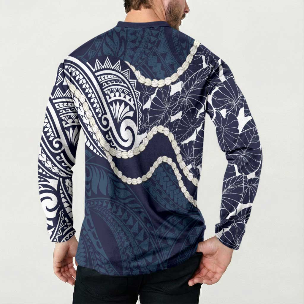 Aloha Hawaii Kalo Pikake Lei Button Sweatshirt Chest Tattoo Oxford Blue Hawaiian Pattern