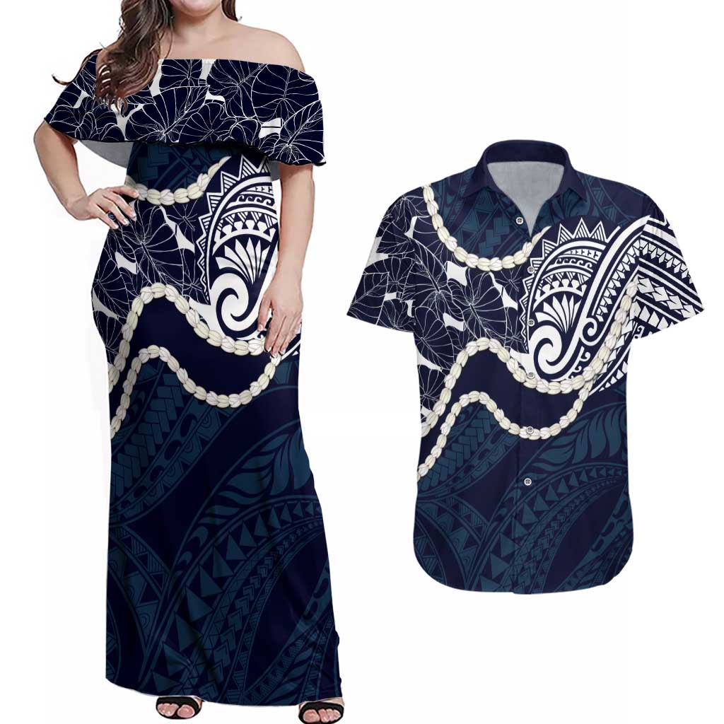 Aloha Hawaii Kalo Pikake Lei Couples Matching Off Shoulder Maxi Dress and Hawaiian Shirt Chest Tattoo Oxford Blue Hawaiian Pattern