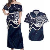 Aloha Hawaii Kalo Pikake Lei Couples Matching Off Shoulder Maxi Dress and Hawaiian Shirt Chest Tattoo Oxford Blue Hawaiian Pattern