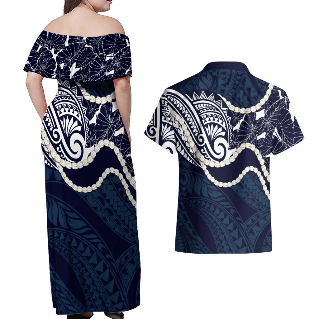 Aloha Hawaii Kalo Pikake Lei Couples Matching Off Shoulder Maxi Dress and Hawaiian Shirt Chest Tattoo Oxford Blue Hawaiian Pattern