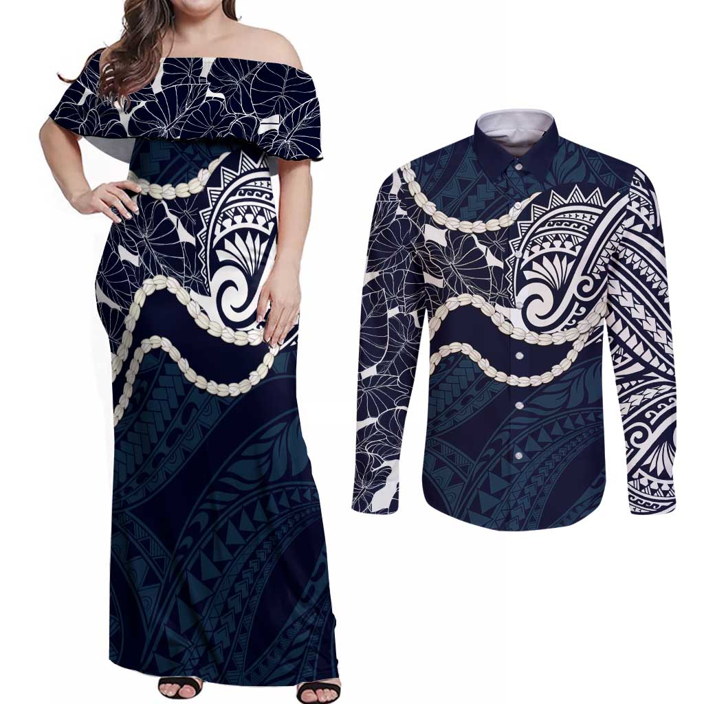 Aloha Hawaii Kalo Pikake Lei Couples Matching Off Shoulder Maxi Dress and Long Sleeve Button Shirt Chest Tattoo Oxford Blue Hawaiian Pattern LT14 Oxford Blue - Polynesian Pride