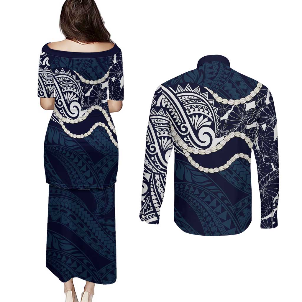 Aloha Hawaii Kalo Pikake Lei Couples Matching Puletasi and Long Sleeve Button Shirt Chest Tattoo Oxford Blue Hawaiian Pattern