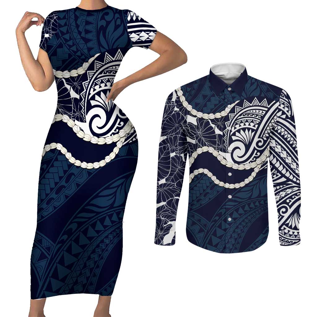 Aloha Hawaii Kalo Pikake Lei Couples Matching Short Sleeve Bodycon Dress and Long Sleeve Button Shirt Chest Tattoo Oxford Blue Hawaiian Pattern LT14 Oxford Blue - Polynesian Pride