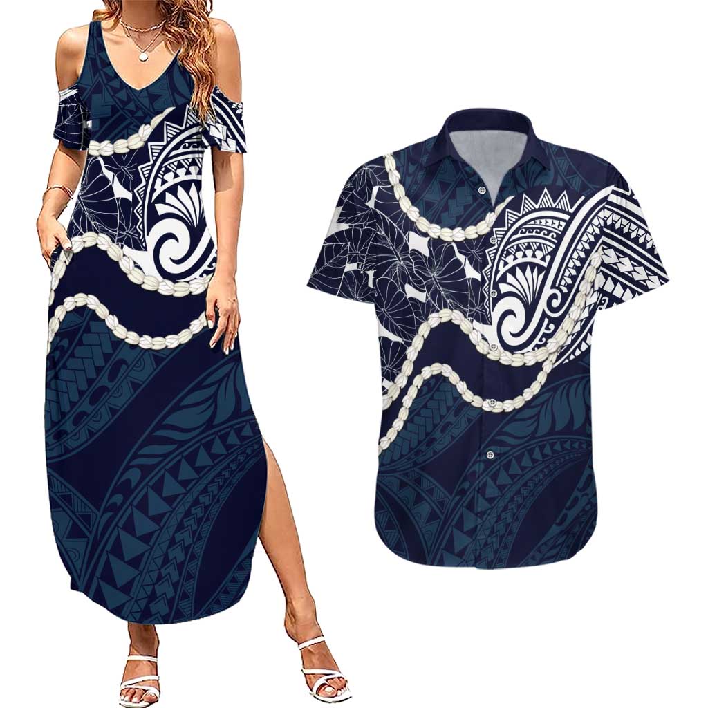 Aloha Hawaii Kalo Pikake Lei Couples Matching Summer Maxi Dress and Hawaiian Shirt Chest Tattoo Oxford Blue Hawaiian Pattern