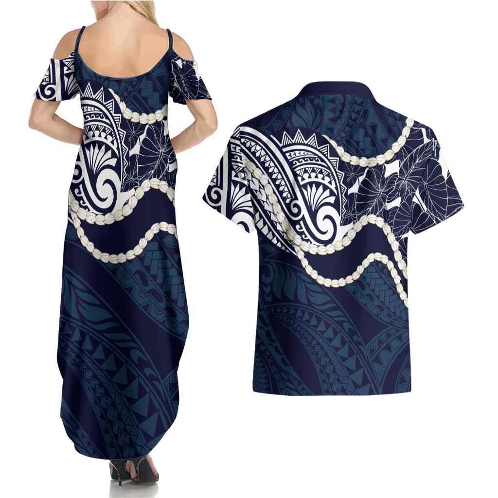 Aloha Hawaii Kalo Pikake Lei Couples Matching Summer Maxi Dress and Hawaiian Shirt Chest Tattoo Oxford Blue Hawaiian Pattern