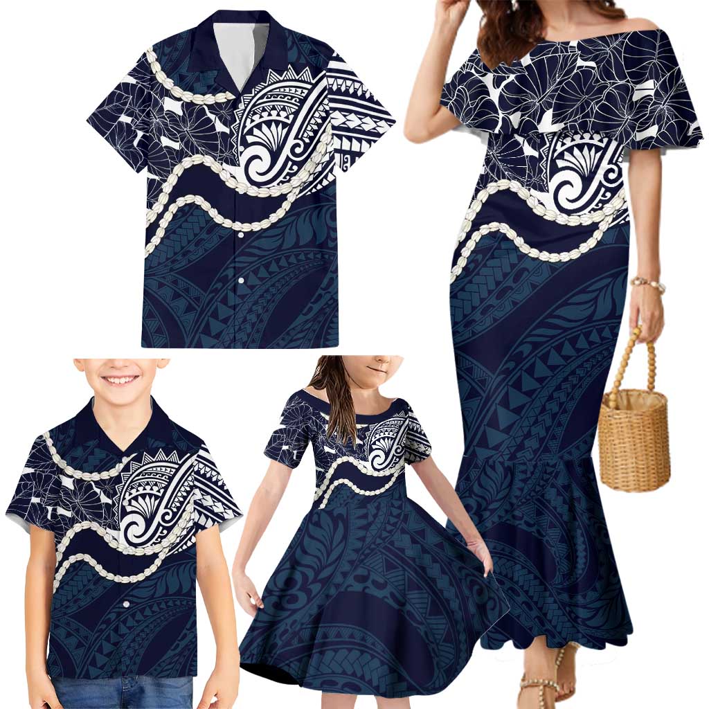 Aloha Hawaii Kalo Pikake Lei Family Matching Mermaid Dress and Hawaiian Shirt Chest Tattoo Oxford Blue Hawaiian Pattern LT14 - Polynesian Pride