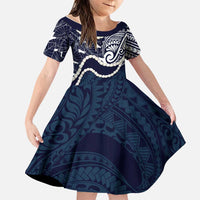Aloha Hawaii Kalo Pikake Lei Family Matching Off The Shoulder Long Sleeve Dress and Hawaiian Shirt Chest Tattoo Oxford Blue Hawaiian Pattern LT14 Daughter's Dress Oxford Blue - Polynesian Pride