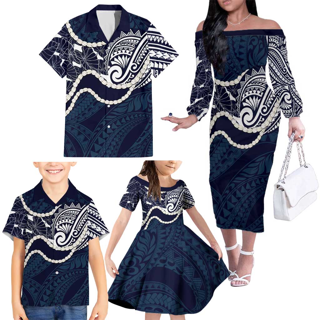 Aloha Hawaii Kalo Pikake Lei Family Matching Off The Shoulder Long Sleeve Dress and Hawaiian Shirt Chest Tattoo Oxford Blue Hawaiian Pattern LT14 - Polynesian Pride