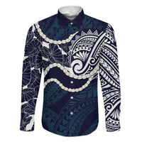 Aloha Hawaii Kalo Pikake Lei Family Matching Off The Shoulder Long Sleeve Dress and Hawaiian Shirt Chest Tattoo Oxford Blue Hawaiian Pattern LT14 Dad's Shirt - Long Sleeve Oxford Blue - Polynesian Pride