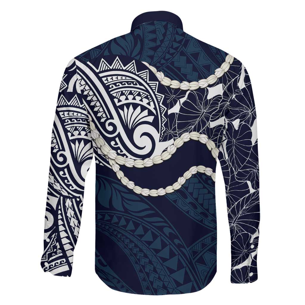 Aloha Hawaii Kalo Pikake Lei Family Matching Off Shoulder Maxi Dress and Hawaiian Shirt Chest Tattoo Oxford Blue Hawaiian Pattern LT14 - Polynesian Pride