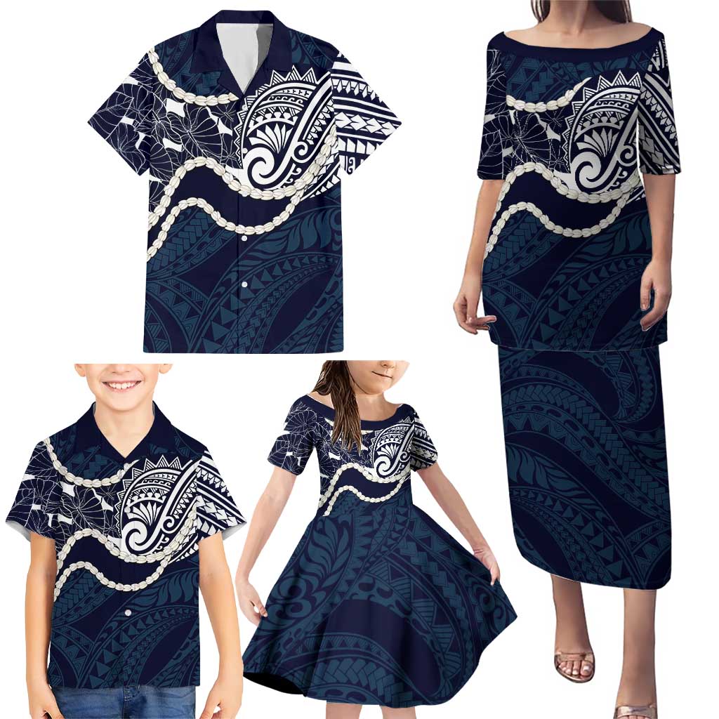 Aloha Hawaii Kalo Pikake Lei Family Matching Puletasi and Hawaiian Shirt Chest Tattoo Oxford Blue Hawaiian Pattern LT14 - Polynesian Pride