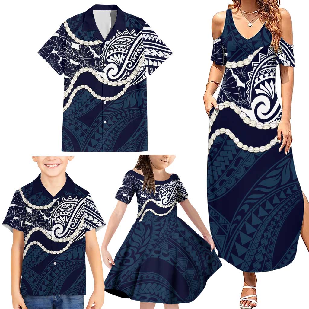 Aloha Hawaii Kalo Pikake Lei Family Matching Summer Maxi Dress and Hawaiian Shirt Chest Tattoo Oxford Blue Hawaiian Pattern
