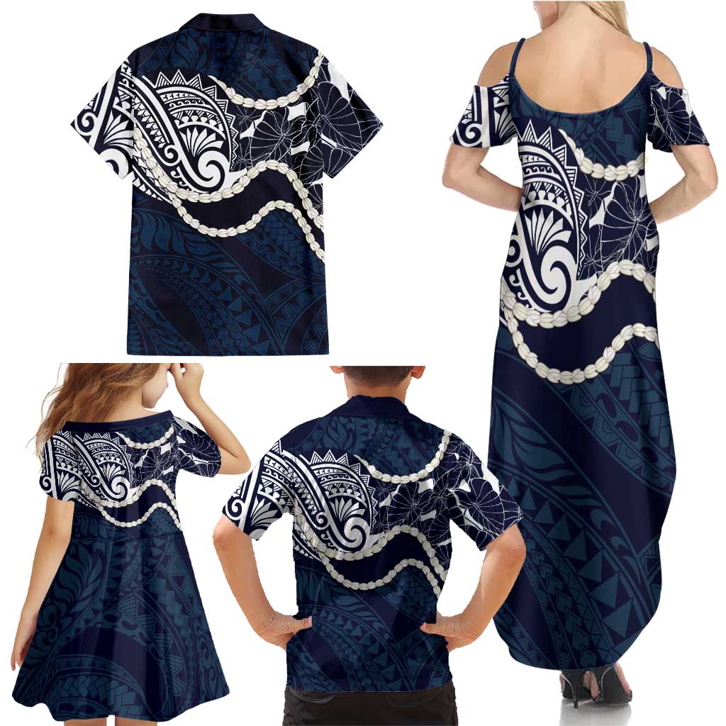 Aloha Hawaii Kalo Pikake Lei Family Matching Summer Maxi Dress and Hawaiian Shirt Chest Tattoo Oxford Blue Hawaiian Pattern