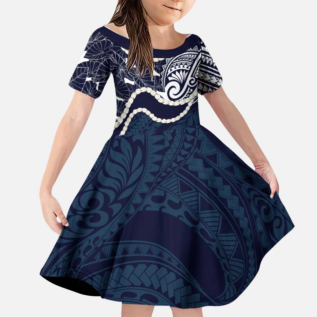 Aloha Hawaii Kalo Pikake Lei Family Matching Tank Maxi Dress and Hawaiian Shirt Chest Tattoo Oxford Blue Hawaiian Pattern LT14 Daughter's Dress Oxford Blue - Polynesian Pride