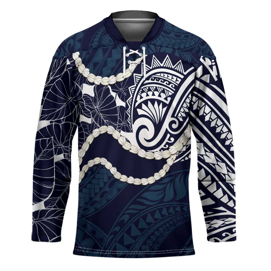 Aloha Hawaii Kalo Pikake Lei Hockey Jersey Chest Tattoo Oxford Blue Hawaiian Pattern