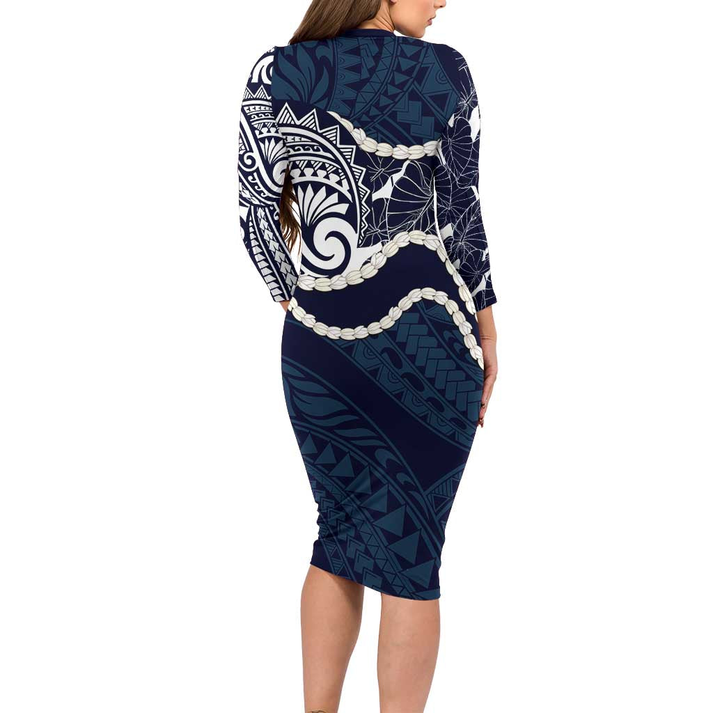 Aloha Hawaii Kalo Pikake Lei Long Sleeve Bodycon Dress Chest Tattoo Oxford Blue Hawaiian Pattern LT14 - Polynesian Pride