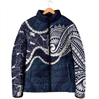 Aloha Hawaii Kalo Pikake Lei Padded Jacket Chest Tattoo Oxford Blue Hawaiian Pattern LT14 - Polynesian Pride