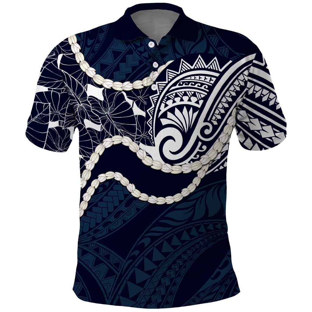 Aloha Hawaii Kalo Pikake Lei Polo Shirt Chest Tattoo Oxford Blue Hawaiian Pattern