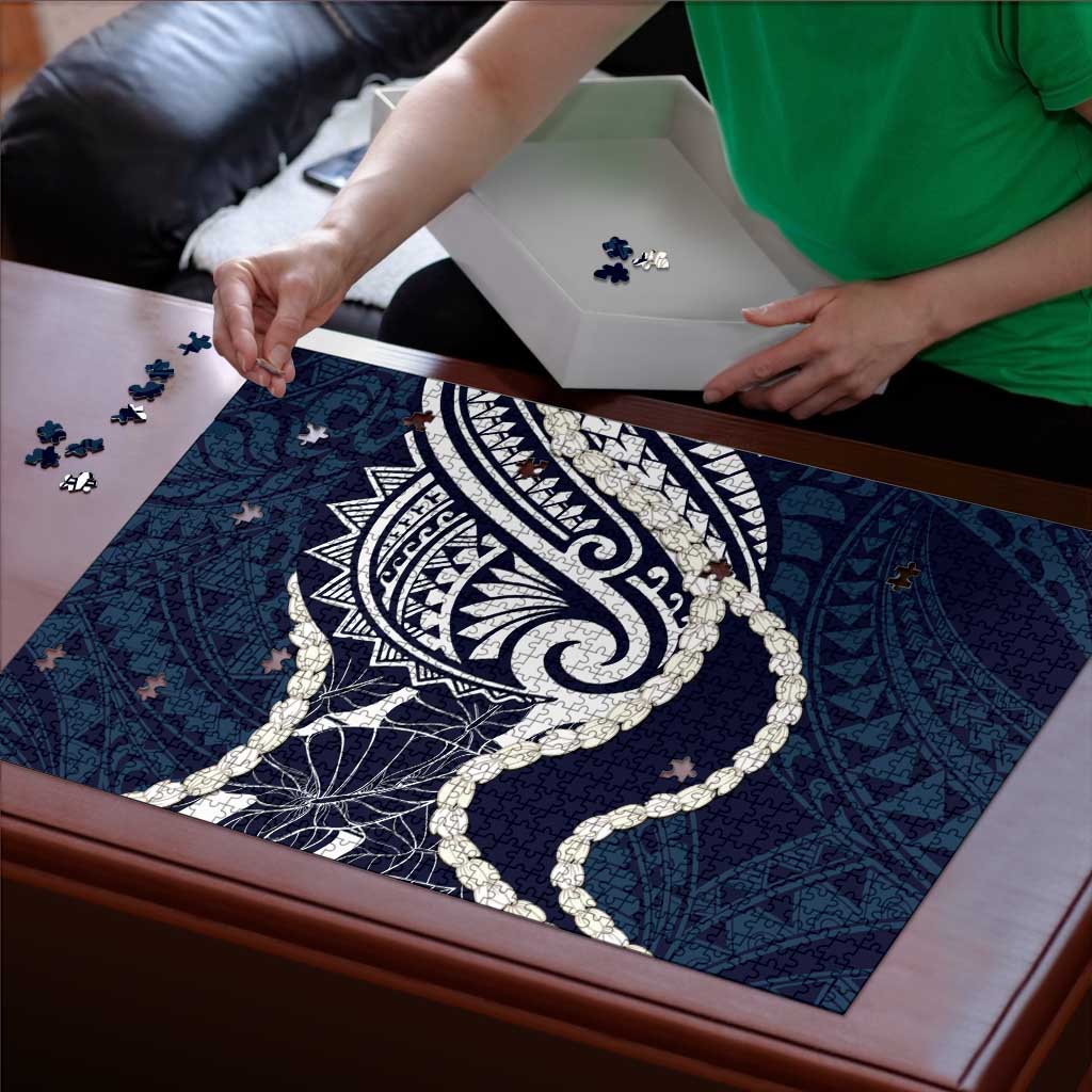Aloha Hawaii Kalo Pikake Lei Puzzle Chest Tattoo Oxford Blue Hawaiian Pattern LT14 - Polynesian Pride