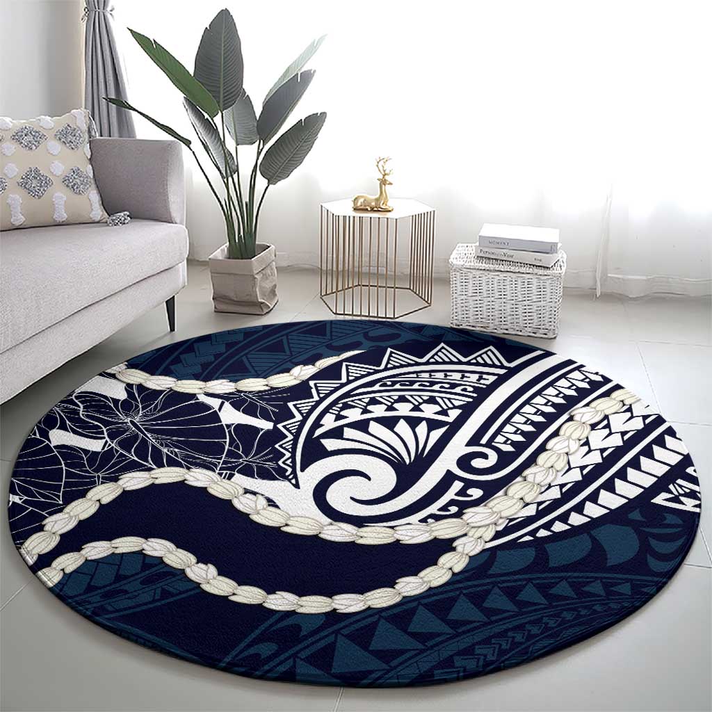 Aloha Hawaii Kalo Pikake Lei Round Carpet Chest Tattoo Oxford Blue Hawaiian Pattern LT14 - Polynesian Pride