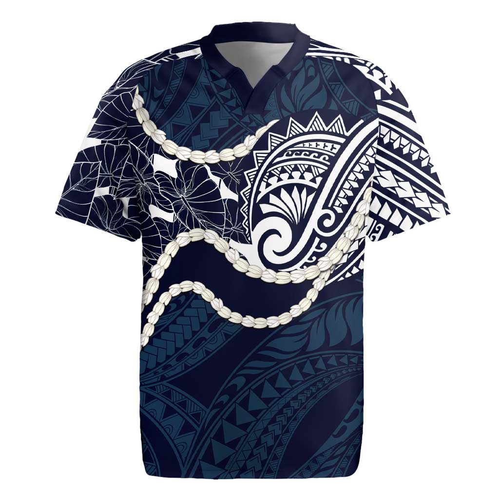 Aloha Hawaii Kalo Pikake Lei Rugby Jersey Chest Tattoo Oxford Blue Hawaiian Pattern LT14 Oxford Blue - Polynesian Pride