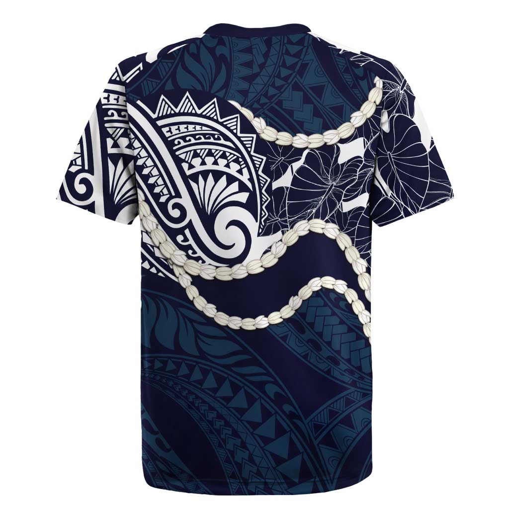 Aloha Hawaii Kalo Pikake Lei Rugby Jersey Chest Tattoo Oxford Blue Hawaiian Pattern LT14 - Polynesian Pride
