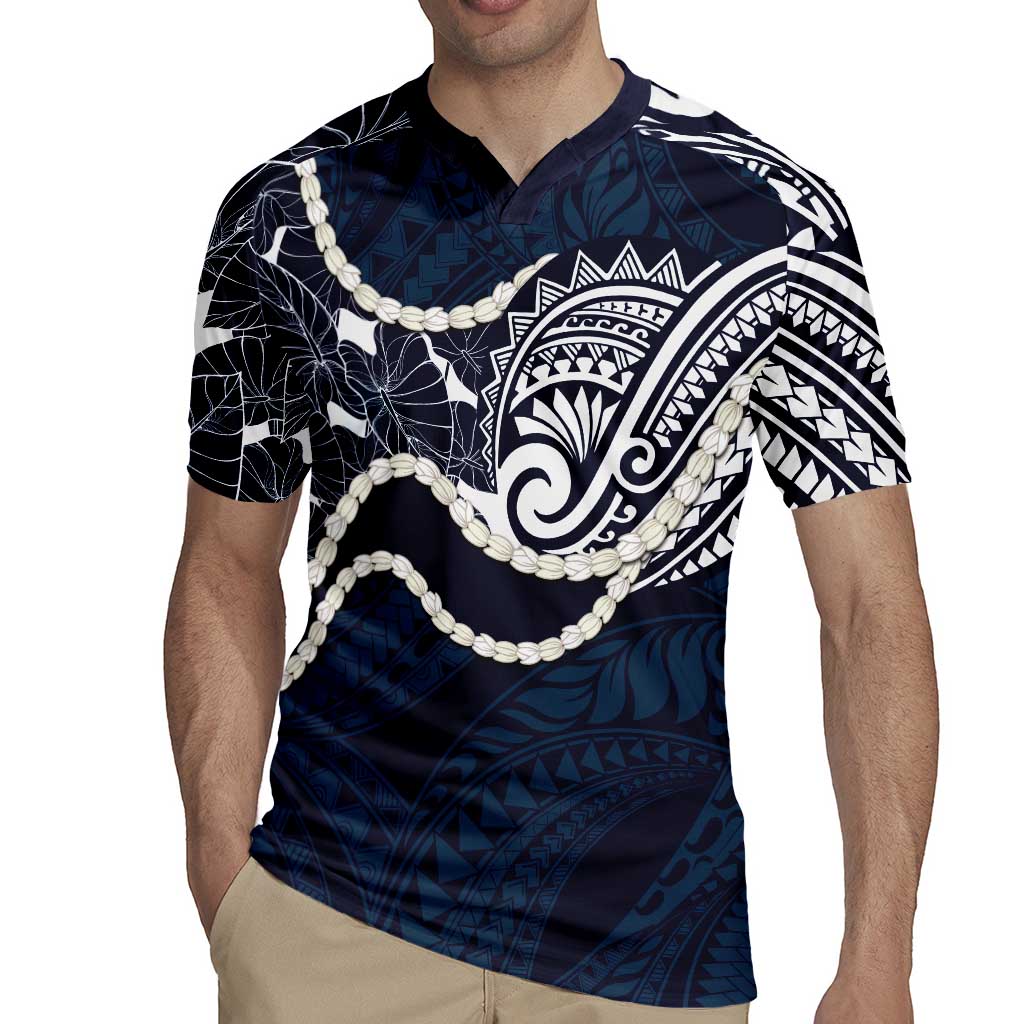 Aloha Hawaii Kalo Pikake Lei Rugby Jersey Chest Tattoo Oxford Blue Hawaiian Pattern LT14 - Polynesian Pride