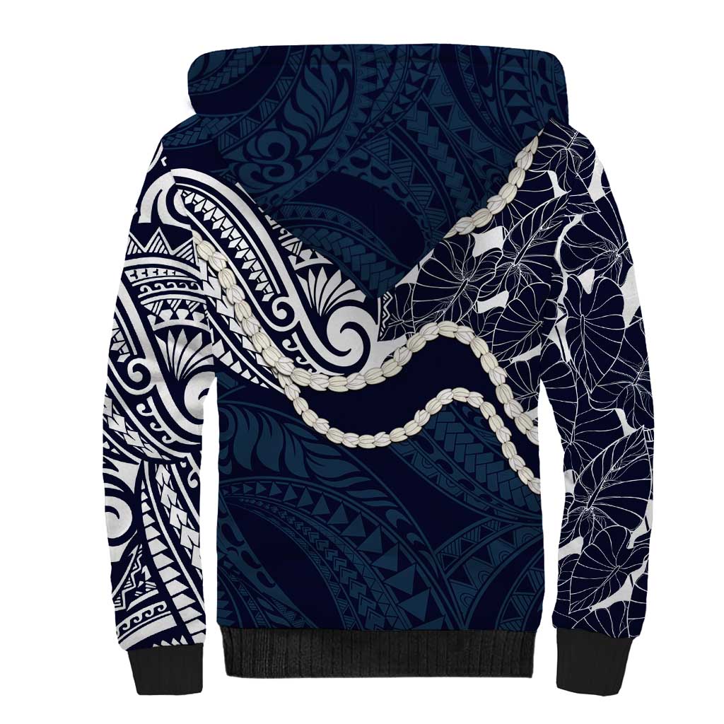 Aloha Hawaii Kalo Pikake Lei Sherpa Hoodie Chest Tattoo Oxford Blue Hawaiian Pattern