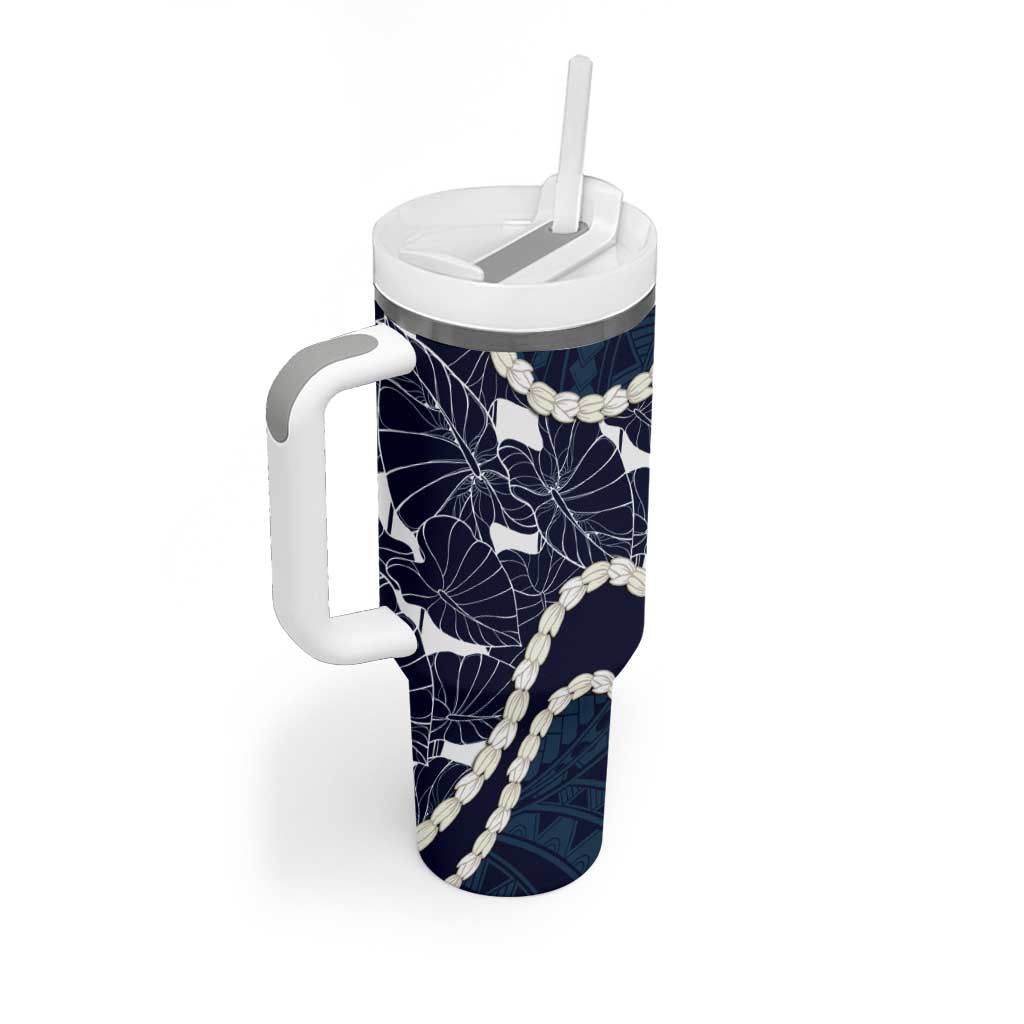 Aloha Hawaii Kalo Pikake Lei Tumbler With Handle Chest Tattoo Oxford Blue Hawaiian Pattern LT14 - Polynesian Pride