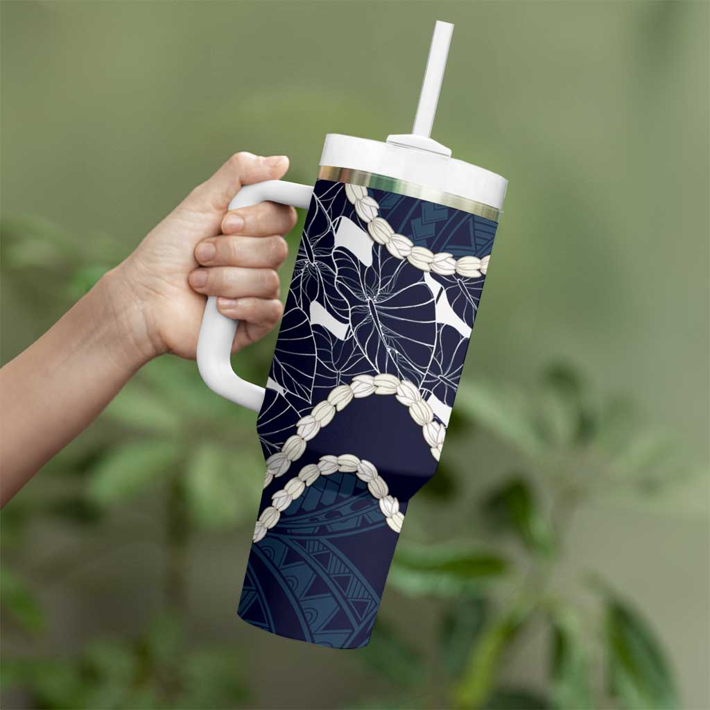 Aloha Hawaii Kalo Pikake Lei Tumbler With Handle Chest Tattoo Oxford Blue Hawaiian Pattern LT14 - Polynesian Pride