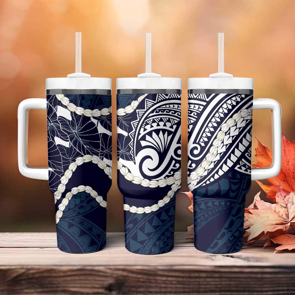 Aloha Hawaii Kalo Pikake Lei Tumbler With Handle Chest Tattoo Oxford Blue Hawaiian Pattern LT14 - Polynesian Pride