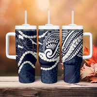 Aloha Hawaii Kalo Pikake Lei Tumbler With Handle Chest Tattoo Oxford Blue Hawaiian Pattern LT14 - Polynesian Pride