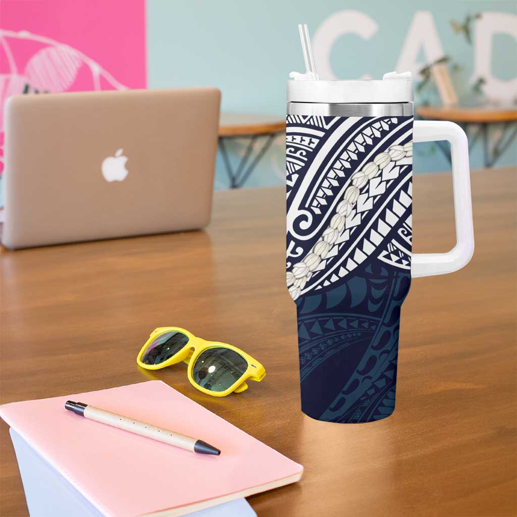 Aloha Hawaii Kalo Pikake Lei Tumbler With Handle Chest Tattoo Oxford Blue Hawaiian Pattern LT14 - Polynesian Pride