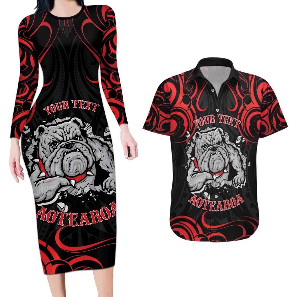 Personalised Aotearoa Bulldog Couples Matching Long Sleeve Bodycon Dress and Hawaiian Shirt NZ Maori Tattoo