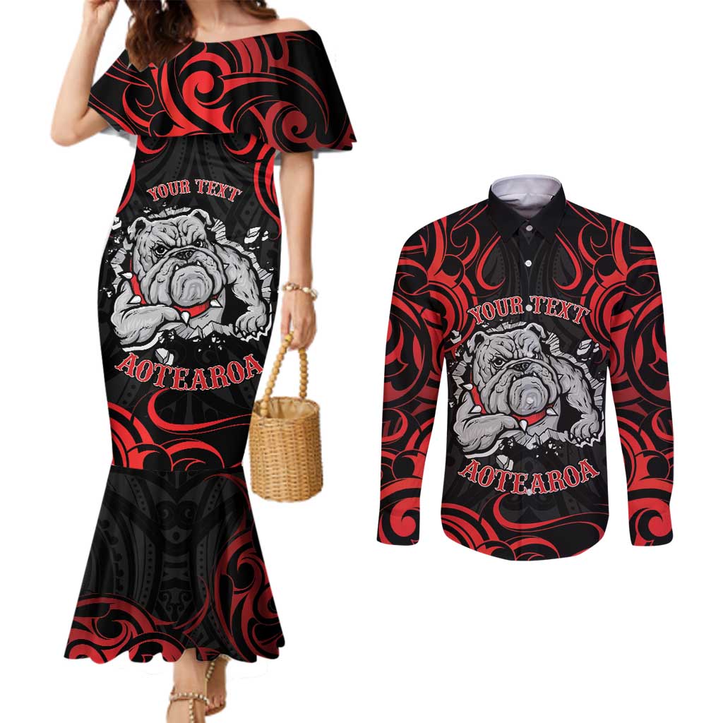 Personalised Aotearoa Bulldog Couples Matching Mermaid Dress and Long Sleeve Button Shirt NZ Maori Tattoo LT14 Red - Polynesian Pride