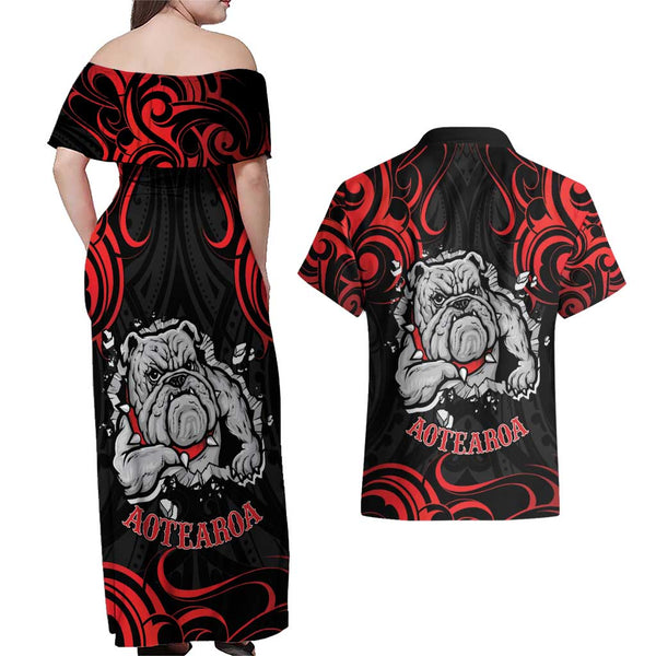 Personalised New Zealand Breast Cancer Couples Matching Off Shoulder Maxi Dress and Hawaiian Shirt Fight Like A Girl Pink Manaia Fern With Paua Shell LT14