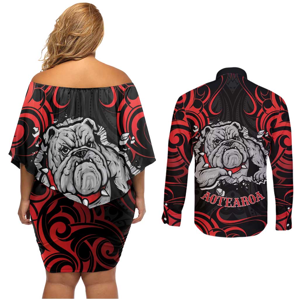 Personalised Aotearoa Bulldog Couples Matching Off Shoulder Short Dress and Long Sleeve Button Shirt NZ Maori Tattoo