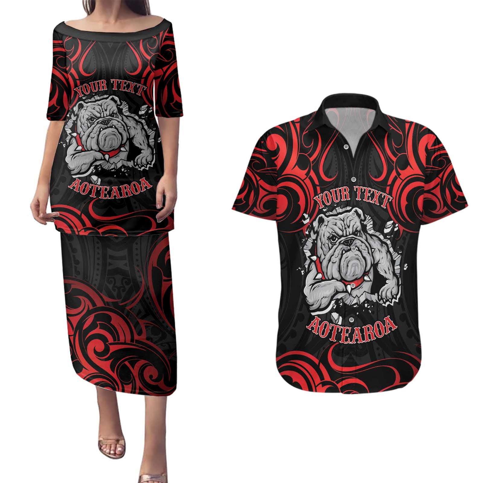 Personalised Aotearoa Bulldog Couples Matching Puletasi and Hawaiian Shirt NZ Maori Tattoo LT14 Red - Polynesian Pride