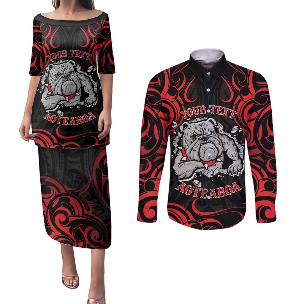 Personalised Aotearoa Bulldog Couples Matching Puletasi and Long Sleeve Button Shirt NZ Maori Tattoo LT14 Red - Polynesian Pride