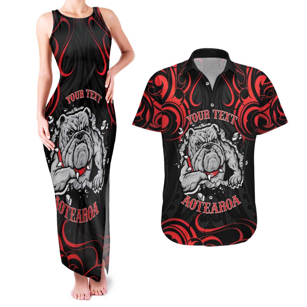 Personalised Aotearoa Bulldog Couples Matching Tank Maxi Dress and Hawaiian Shirt NZ Maori Tattoo LT14 Red - Polynesian Pride