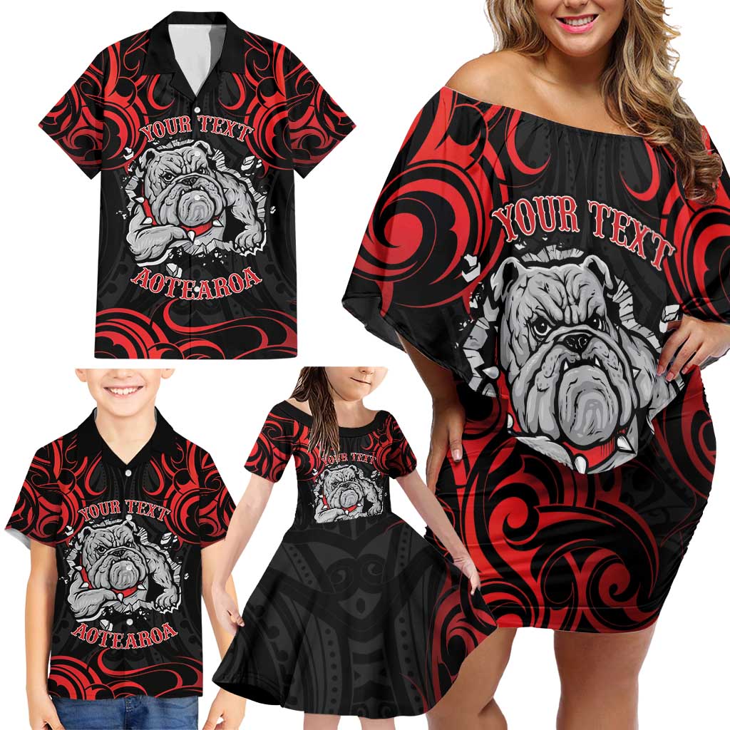 Personalised Aotearoa Bulldog Family Matching Off Shoulder Short Dress and Hawaiian Shirt NZ Maori Tattoo