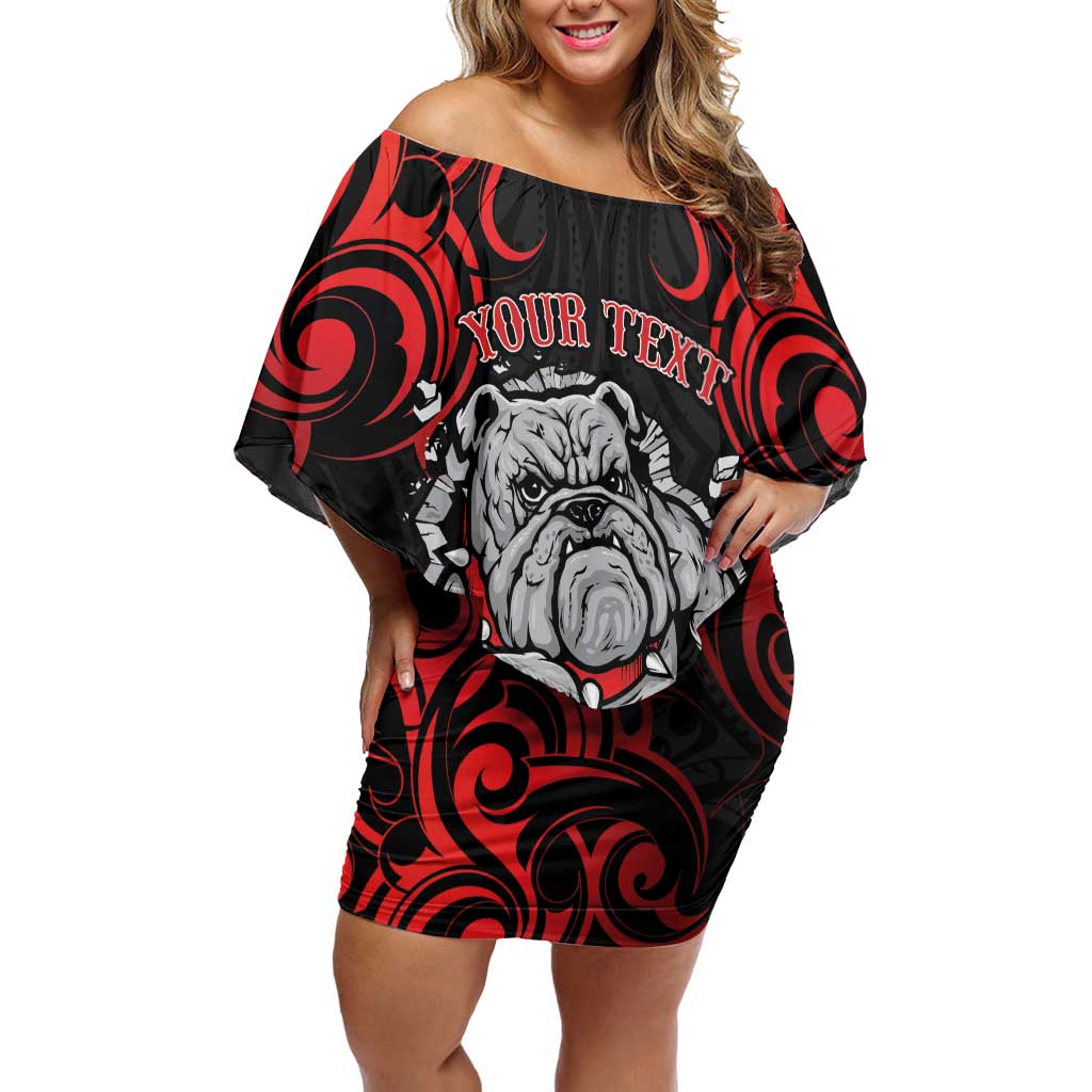 Personalised Aotearoa Bulldog Family Matching Off Shoulder Short Dress and Hawaiian Shirt NZ Maori Tattoo