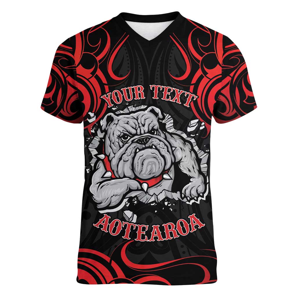 Personalised Aotearoa Bulldog Women V-Neck T-Shirt NZ Maori Tattoo LT14 Female Red - Polynesian Pride