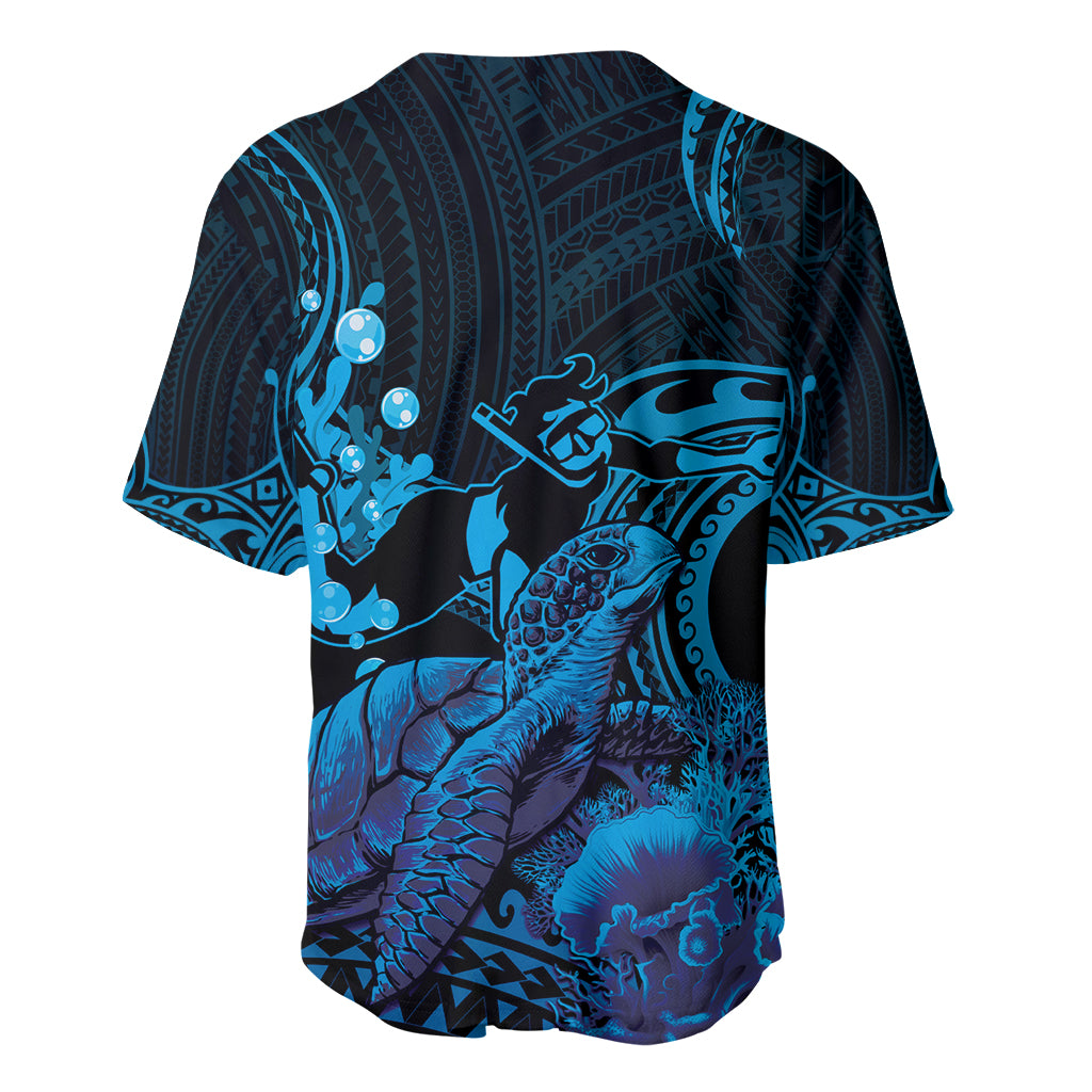 Blue Aloha Hawaii Baseball Jersey Snorkeling With Sea Turtle Polynesian Pattern