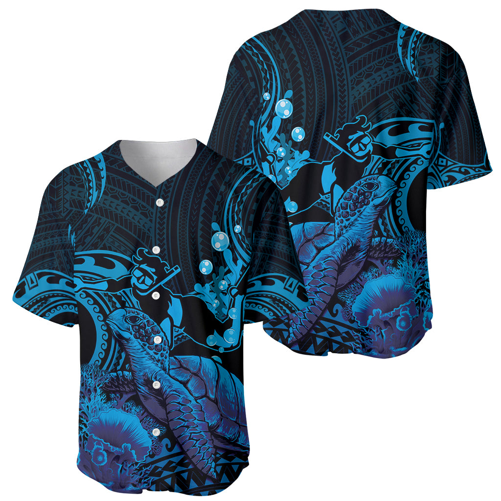 Blue Aloha Hawaii Baseball Jersey Snorkeling With Sea Turtle Polynesian Pattern