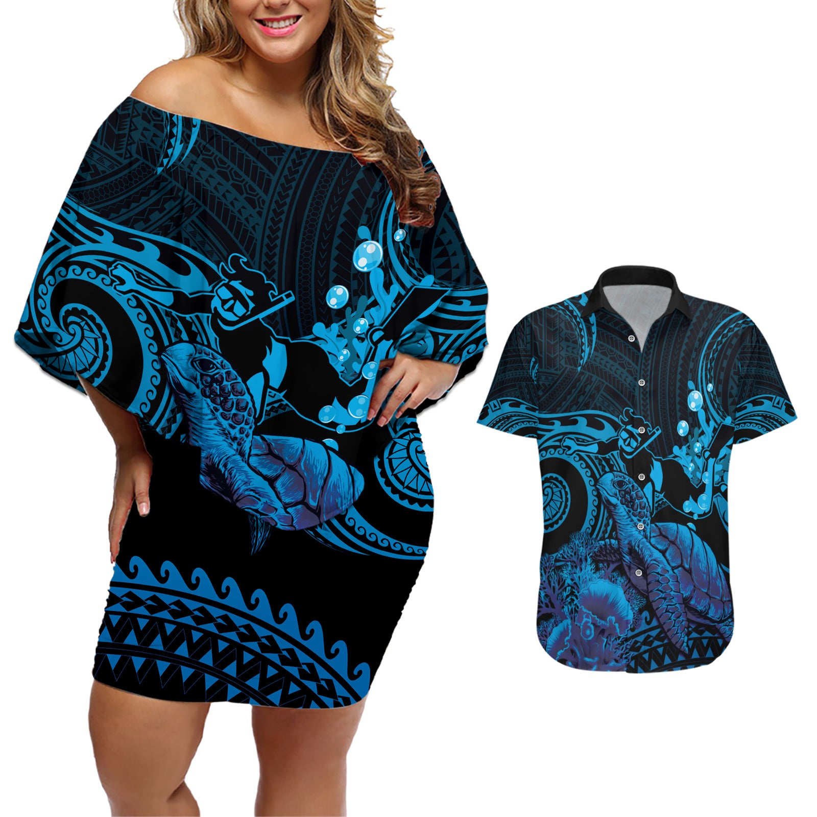 Blue Aloha Hawaii Couples Matching Off Shoulder Short Dress and Hawaiian Shirt Snorkeling With Sea Turtle Polynesian Pattern