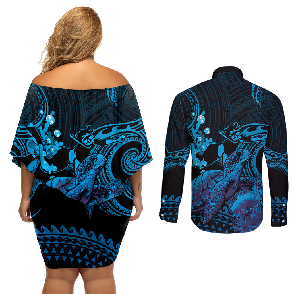 Blue Aloha Hawaii Couples Matching Off Shoulder Short Dress and Long Sleeve Button Shirt Snorkeling With Sea Turtle Polynesian Pattern