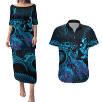 Blue Aloha Hawaii Couples Matching Puletasi and Hawaiian Shirt Snorkeling With Sea Turtle Polynesian Pattern